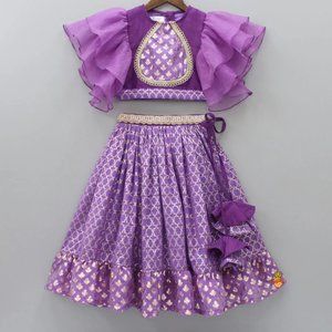 Purple Frilly Top With Zari Thread Work Lehenga (size 3-6 months)